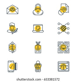 Vector Illustration Of 12 Data Icons. Editable Pack Of Encoder, Key Collection, Safeguard And Other Elements.