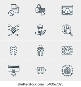 Vector Illustration Of 12 Data Protection Icons. Editable Pack Of Send Information, Copyright, Internet Surfing And Other Elements.