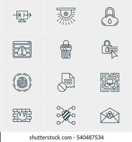 Vector Illustration Of 12 Data Protection Icons. Editable Pack Of Finger Identifier, Confidentiality Options, Browser Warning And Other Elements.