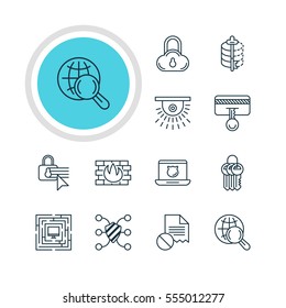 Vector Illustration Of 12 Data Protection Icons. Editable Pack Of Encoder, Safeguard, Safe Storage And Other Elements.