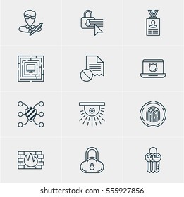 Vektorgrafik von 12 Datenschutzsymbolen. Editierbares Paket mit Safe Storage, Vertraulichkeitsoptionen, Copyright und anderen Elementen.