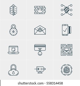 Vector Illustration Of 12 Data Protection Icons. Editable Pack Of Safe Lock, Finger Identifier, Corrupted Mail And Other Elements.
