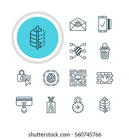Vector Illustration Of 12 Data Protection Icons. Editable Pack Of Network Protection, Confidentiality Options, Key Collection And Other Elements.