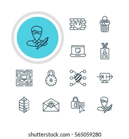 Vector Illustration Of 12 Data Protection Icons. Editable Pack Of Encoder, Key Collection, Copyright And Other Elements.