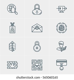 Vector Illustration Of 12 Data Protection Icons. Editable Pack Of Safety Key, Safe Lock, Finger Identifier And Other Elements.