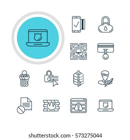 Vector Illustration Of 12 Data Protection Icons. Editable Pack Of Copyright, Safety Key, Network Protection And Other Elements.