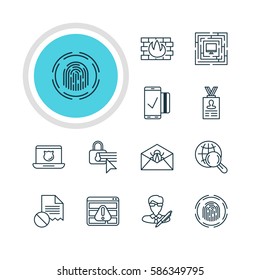 Vector Illustration Of 12 Data Protection Icons. Editable Pack Of Confidentiality Options, Account Data, Finger Identifier And Other Elements.