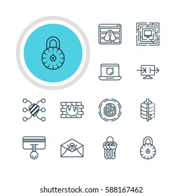 Vector Illustration Of 12 Data Protection Icons. Editable Pack Of Encoder, Safeguard, Network Protection And Other Elements.