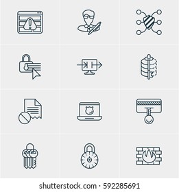 Vector Illustration Of 12 Data Protection Icons. Editable Pack Of Safe Lock, Safety Key, Key Collection And Other Elements.