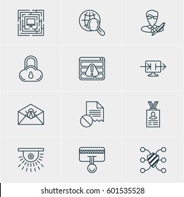 Vector Illustration Of 12 Data Protection Icons. Editable Pack Of Internet Surfing, Send Information, Safeguard And Other Elements.