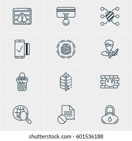 Vector Illustration Of 12 Data Protection Icons. Editable Pack Of Network Protection, Data Error, Finger Identifier And Other Elements.