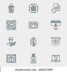 Vector Illustration Of 12 Data Protection Icons. Editable Pack Of Data Security, Finger Identifier, Browser Warning And Other Elements.