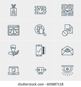 Vector Illustration Of 12 Data Protection Icons. Editable Pack Of Data Security, Browser Warning, Data Error And Other Elements.