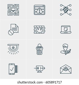 Vector Illustration Of 12 Data Protection Icons. Editable Pack Of Browser Warning, Camera, Network Protection And Other Elements.