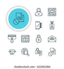 Vector Illustration Of 12 Data Protection Icons. Editable Pack Of Browser Warning, Corrupted Mail, System Security And Other Elements.