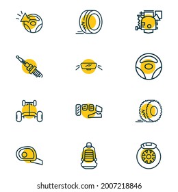 Vector illustration of 12 details icons line style. Editable set of car chassis, wheel rudder, car brake shoe and other icon elements.