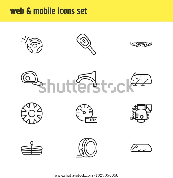 Vector illustration of 12 details icons line\
style. Editable set of car trip meter, tyre, carburetor and other\
icon elements.