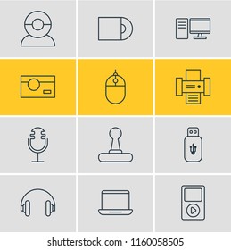 Vector illustration of 12 device icons line style. Editable set of printer, mp3 player, microphone and other icon elements.