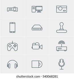 Vector Illustration Of 12 Device Icons. Editable Pack Of Floodlight, Memory Storage, PC And Other Elements.