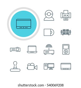 Vector Illustration Of 12 Device Icons. Editable Pack Of Photocopier, Dvd Drive, Media Controller And Other Elements.