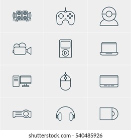Vector Illustration Of 12 Device Icons. Editable Pack Of Headset, Computer, Cursor Controller And Other Elements.