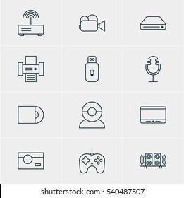 Vector Illustration Of 12 Device Icons. Editable Pack Of Loudspeaker, Camcorder, Modem And Other Elements.