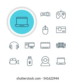Vector Illustration Of 12 Device Icons. Editable Pack Of Video Chat, Camcorder, Cursor Controller And Other Elements.