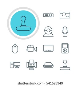 Vector Illustration Of 12 Device Icons. Editable Pack Of Photography, Memory Storage, Media Controller And Other Elements.