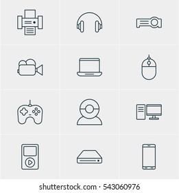 Vector Illustration Of 12 Device Icons. Editable Pack Of Video Chat, Headset, Photocopier And Other Elements.