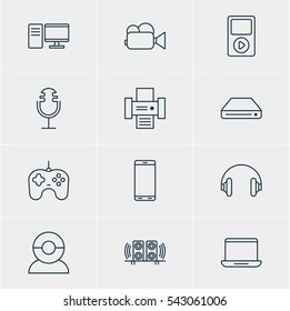 Vector Illustration Of 12 Device Icons. Editable Pack Of Photocopier, PC, Headset And Other Elements.