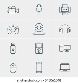 Vector Illustration Of 12 Device Icons. Editable Pack Of Video Chat, Usb Card, Photocopier And Other Elements.