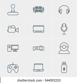 Vector Illustration Of 12 Device Icons. Editable Pack Of Floodlight, Headset, Usb Card And Other Elements.