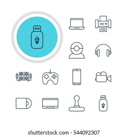Vector Illustration Of 12 Device Icons. Editable Pack Of Headset, Video Chat, Dvd Drive And Other Elements.