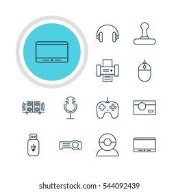 Vector Illustration Of 12 Device Icons. Editable Pack Of Loudspeaker, Floodlight, Video Chat And Other Elements.