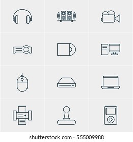 Vector Illustration Of 12 Device Icons. Editable Pack Of Camcorder, Loudspeaker, Cursor Controller And Other Elements.