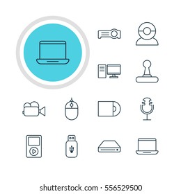 Vector Illustration Of 12 Device Icons. Editable Pack Of Usb Card, Floodlight, Media Controller And Other Elements.
