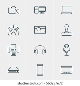 Vector Illustration Of 12 Device Icons. Editable Pack Of Sound Recording, PC, Smartphone And Other Elements.