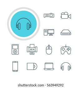 Vector Illustration Of 12 Device Icons. Editable Pack Of Photocopier, Joypad, Camcorder And Other Elements.
