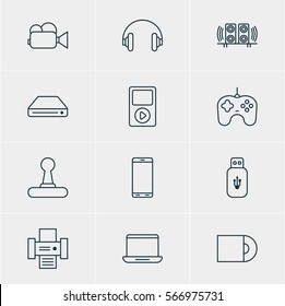 Vector Illustration Of 12 Device Icons. Editable Pack Of Photocopier, Usb Card, Joypad And Other Elements.