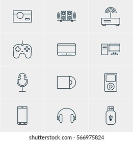 Vector Illustration Of 12 Device Icons. Editable Pack Of Photography, Sound Recording, Dvd Drive And Other Elements.
