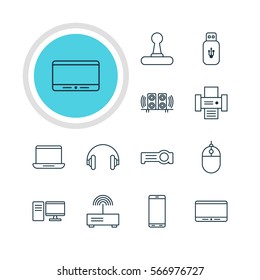 Vector Illustration Of 12 Device Icons. Editable Pack Of Game Controller, Floodlight, Smartphone And Other Elements.