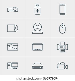 Vector Illustration Of 12 Device Icons. Editable Pack Of Camcorder, Usb Card, Photocopier And Other Elements.
