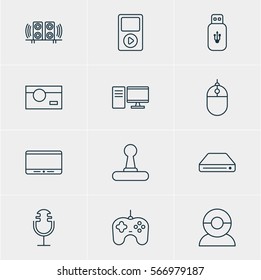 Vector Illustration Of 12 Device Icons. Editable Pack Of Joypad, Sound Recording, Usb Card And Other Elements.