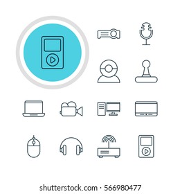 Vector Illustration Of 12 Device Icons. Editable Pack Of PC, Headset, Floodlight And Other Elements.
