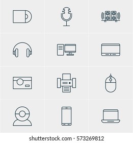 Vector Illustration Of 12 Device Icons. Editable Pack Of Photocopier, Monitor, Computer And Other Elements.