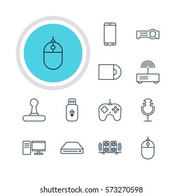 Vector Illustration Of 12 Device Icons. Editable Pack Of PC, Floodlight, Loudspeaker And Other Elements.