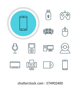 Vector Illustration Of 12 Device Icons. Editable Pack Of Usb Card, Media Controller, PC And Other Elements.