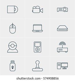 Vector Illustration Of 12 Device Icons. Editable Pack Of Memory Storage, Cursor Controller, Modem And Other Elements.