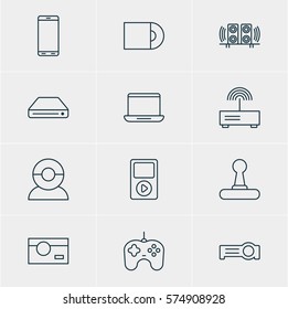 Vector Illustration Of 12 Device Icons. Editable Pack Of Computer, Dvd Drive, Video Chat And Other Elements.