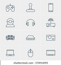 Vector Illustration Of 12 Device Icons. Editable Pack Of Headset, Modem, Photography And Other Elements.